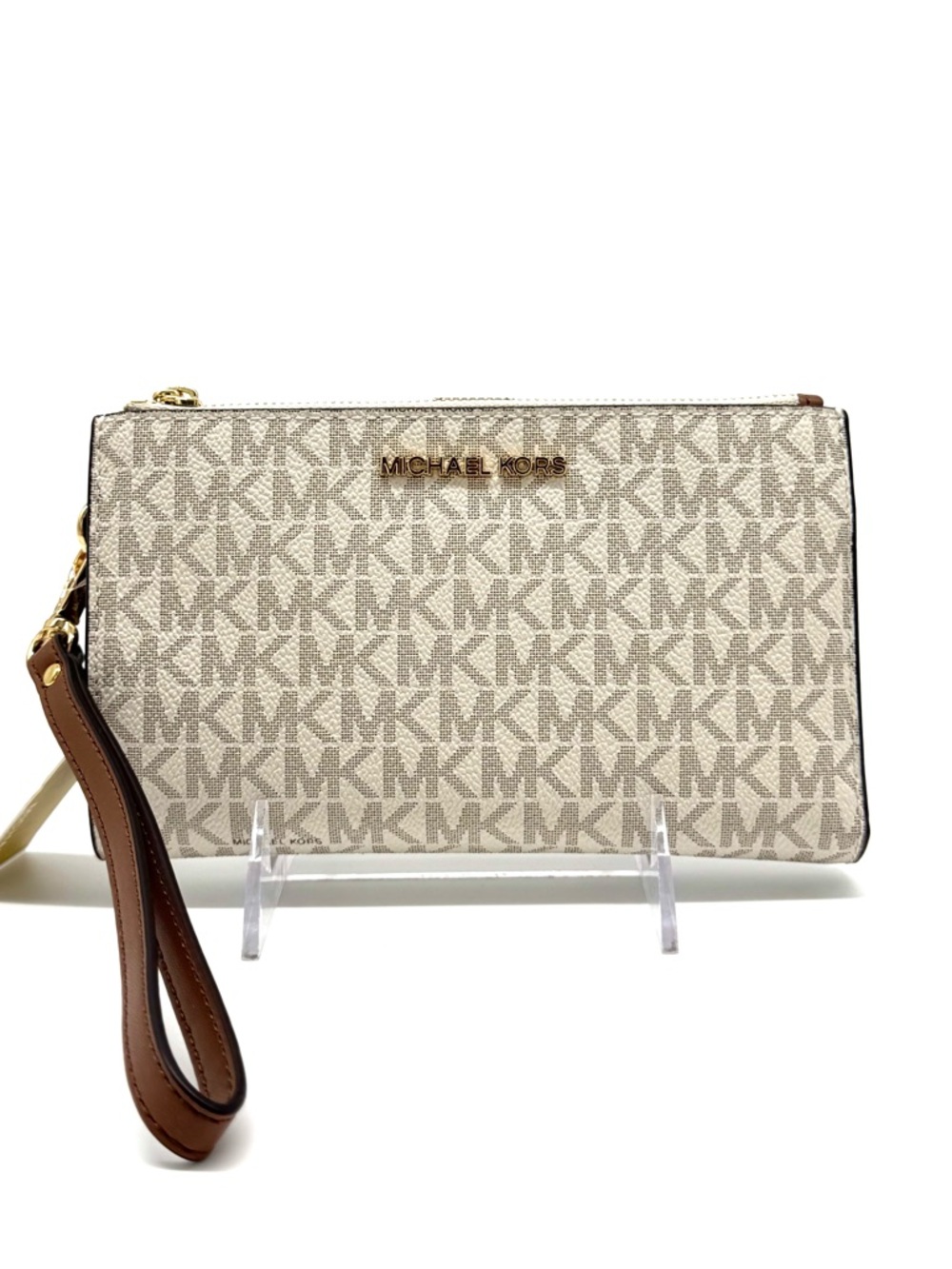 Michael Kors Large Double Zip Wallet Wristlet Vanilla/Brown